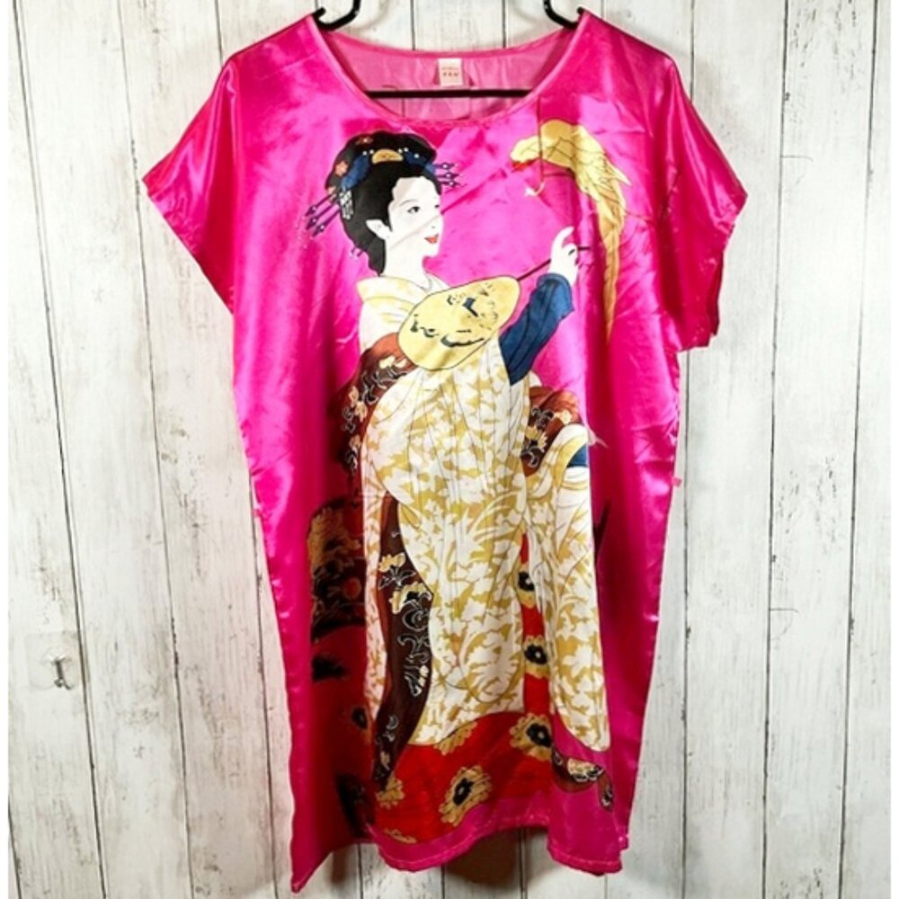 Fuchsia Asian Chinese Oriental Japanese Hot Pink Hanfu Shiny Satin Tunic Mini L